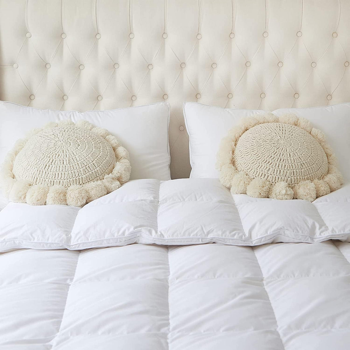 Boho Round Throw Pillow with Cute Handmade Pom Poms Tassels 18 Inch, Decorative Circular Knitted Crochet Cushion for Couch, Sofa, Chair, Bed, Beige