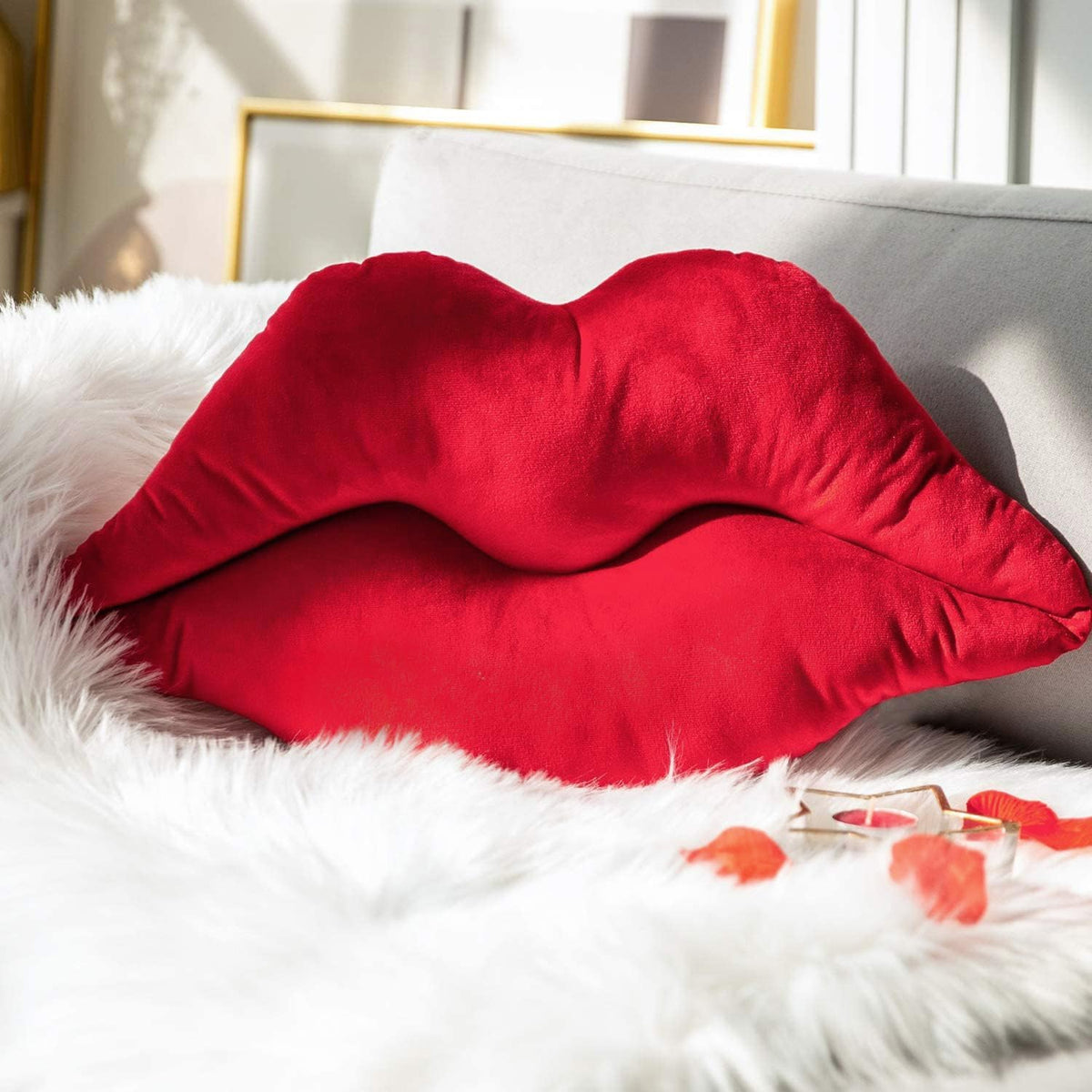 Ashler Lips Throw Pillows Smooth Soft Velvet Insert Included, Lip Shaped Pillow for Bed Living Room, New Red, 24 X 12 inches