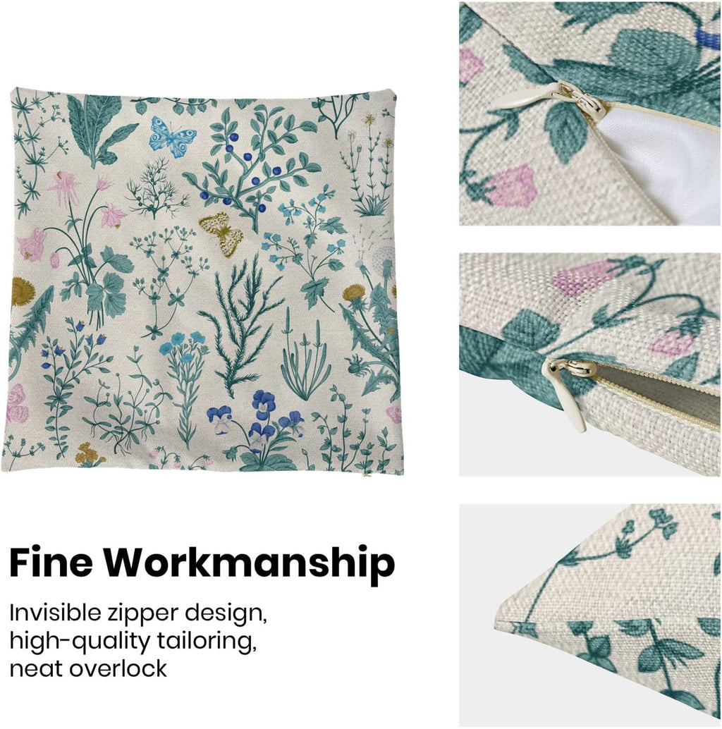 AEIOAE Spring Pillow Covers 18x18 Inch Set of 2,Blue Teal Wild Flower Plant Throw Pillows Case,Seasonal Floral Outdoor Decorative Square Linen Farmhouse Decor Cushion Covers for Home Sofa Bed Couch