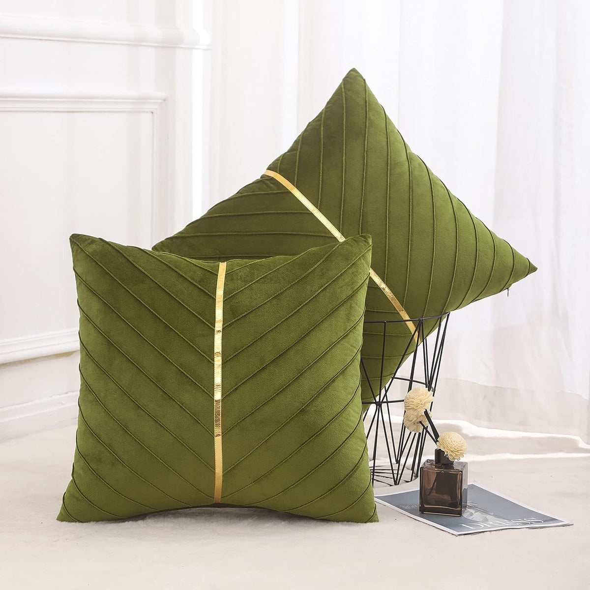 Velvet Throw Pillow Covers 18x18 Pack of 2 Gold Decor Olive Green