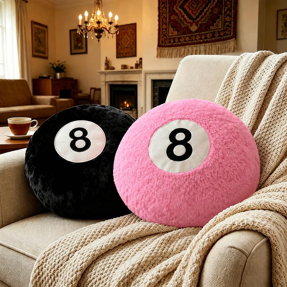 Black 8 Ball Pillow,14 inch 8 Ball Throw Pillow Soft Faux Fur Round Decorative Cushion Hugging Pillow for Home Bed, Sofa, Couch, Bedroom & Living Room