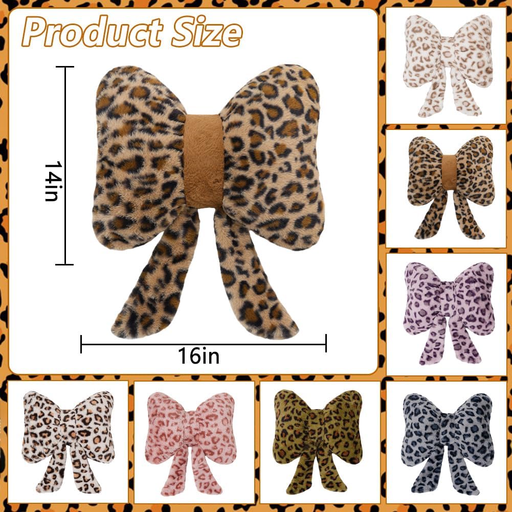 2Pcs Leopard Print Bow Throw Pillow Furry Bow Plush Pillows Cute Flower Plush Pillow Cheetah Home Decor Stuffed Bow Lumbar Pillow for Bed Couch Living Room Decor (Brown, 16in Bowknot)