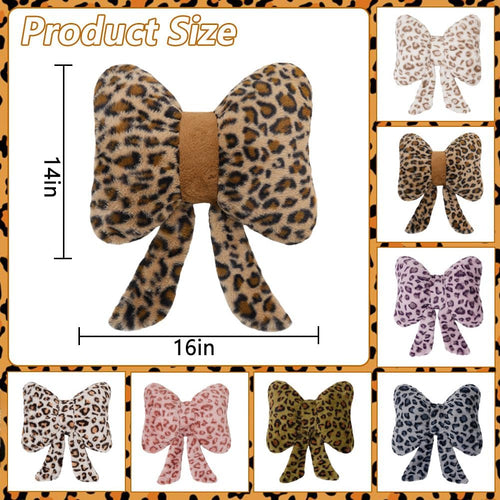 2Pcs Leopard Print Bow Throw Pillow Furry Bow Plush Pillows Cute Flower Plush Pillow Cheetah Home Decor Stuffed Bow Lumbar Pillow for Bed Couch Living Room Decor (Brown, 16in Bowknot)
