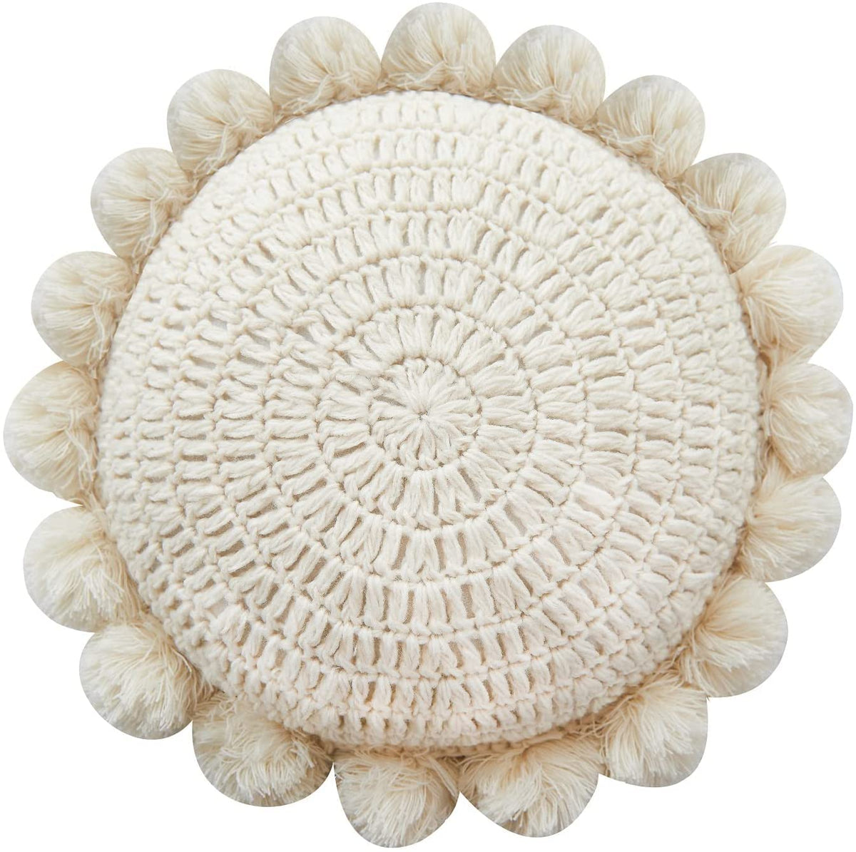 Boho Round Throw Pillow with Cute Handmade Pom Poms Tassels 18 Inch, Decorative Circular Knitted Crochet Cushion for Couch, Sofa, Chair, Bed, Beige
