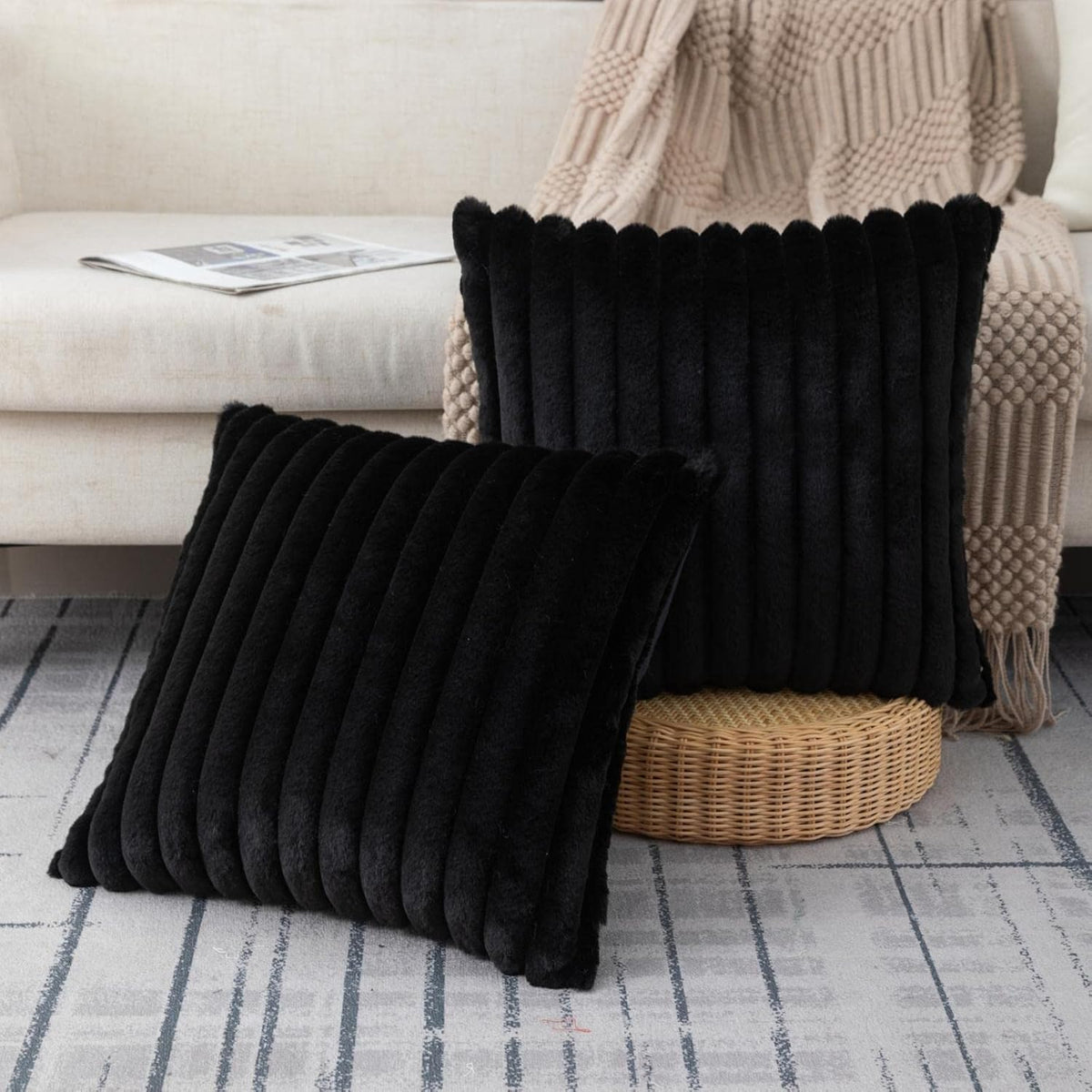 ZLINA Faux Fur Decorative Throw Pillow Covers 22 x 22 Inch,Black