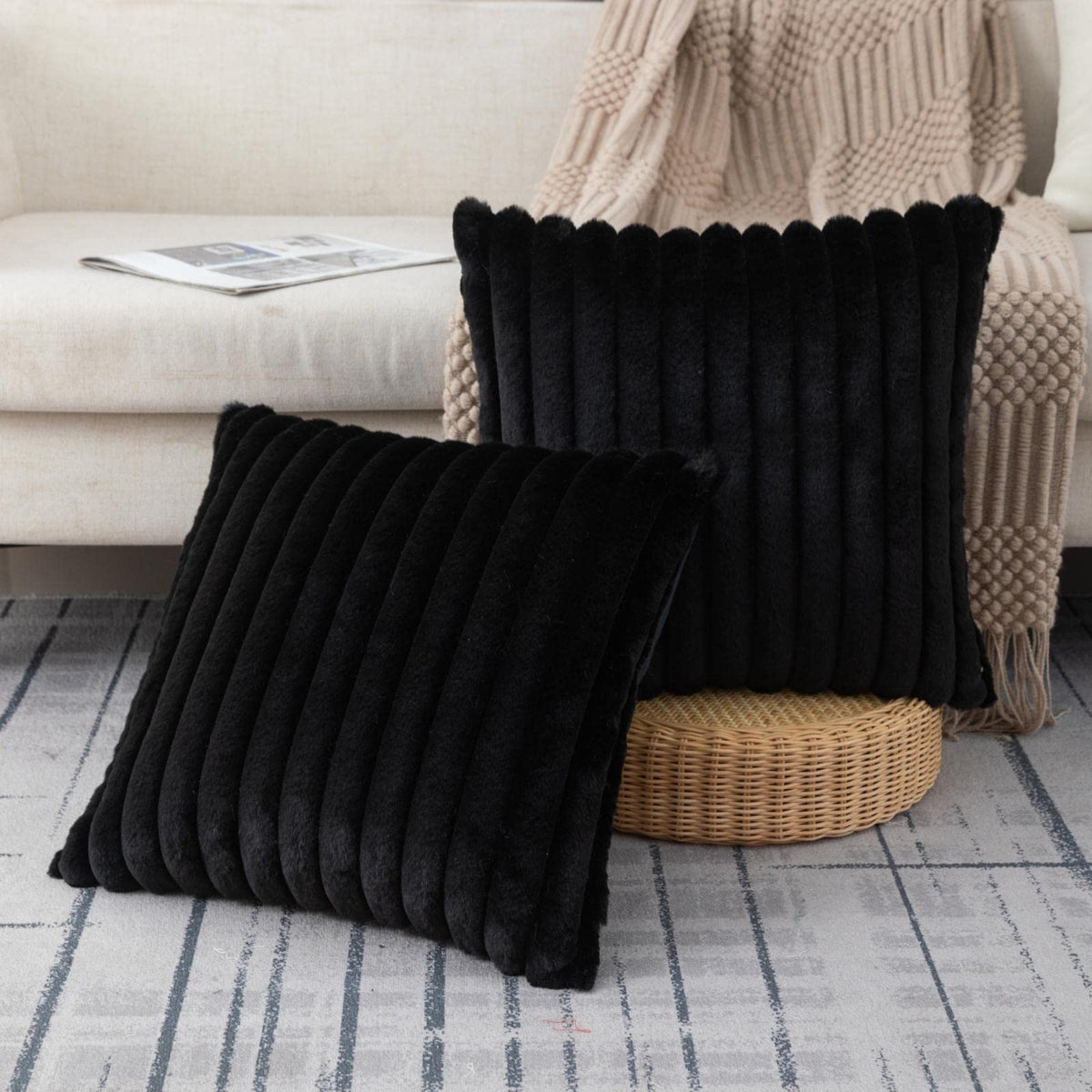ZLINA Faux Fur Decorative Throw Pillow Covers 22 x 22 Inch,Black