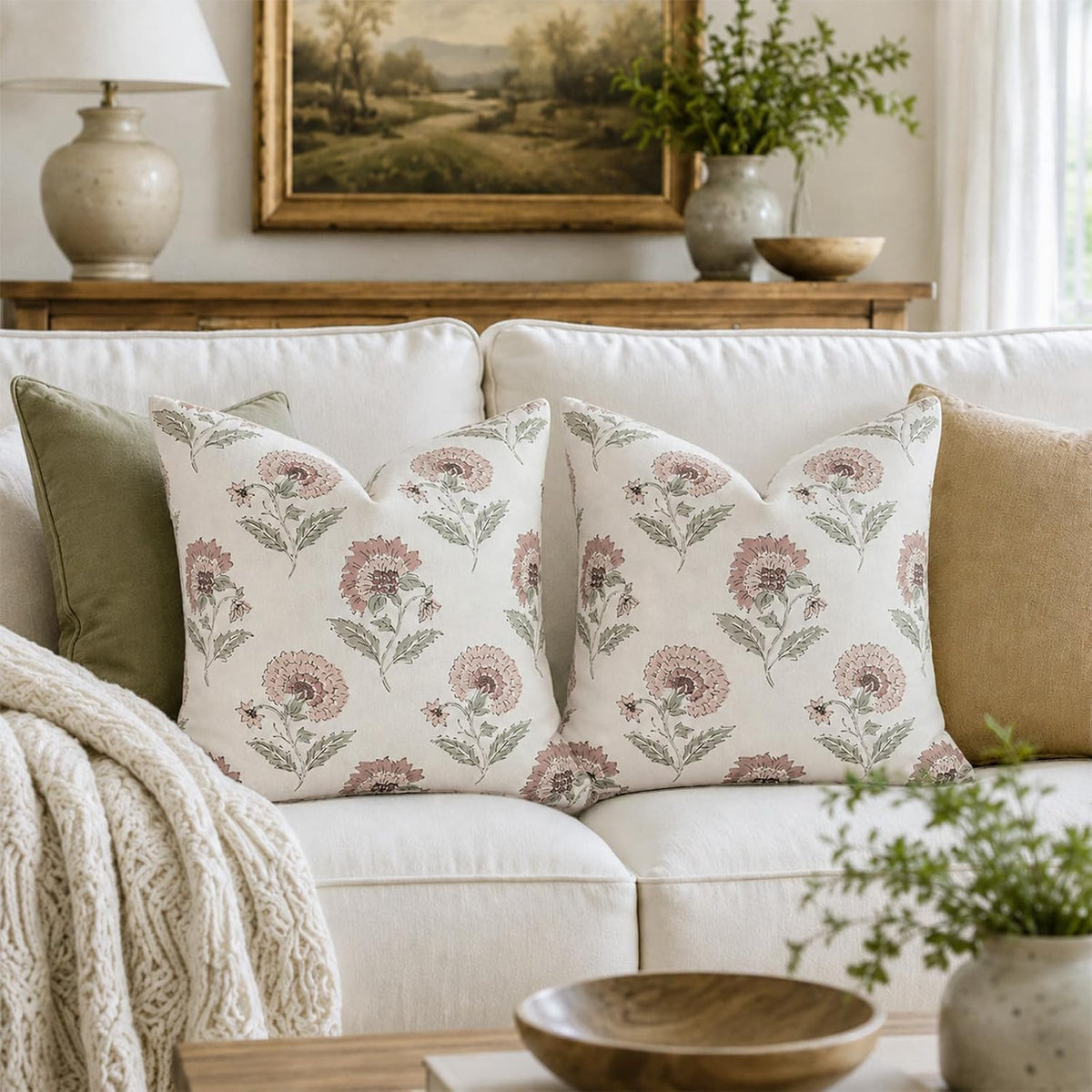 Vintage Throw Pillow Covers 20x20 Set of 2, Cotton Floral Pillow Cover Botanical Patterned Decorative Cushion Covers Modern Farmhouse Home Decor for Sofa Couch Bed Living Room, Blush Meadow