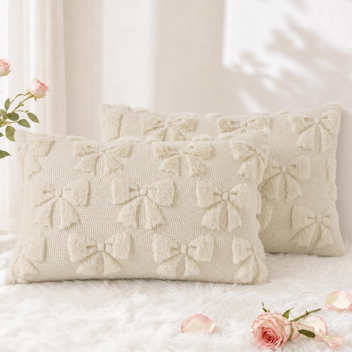 decorUhome Beige Bow Cute Girl Faux Fur Throw Pillow Covers 18x18 Set of 2