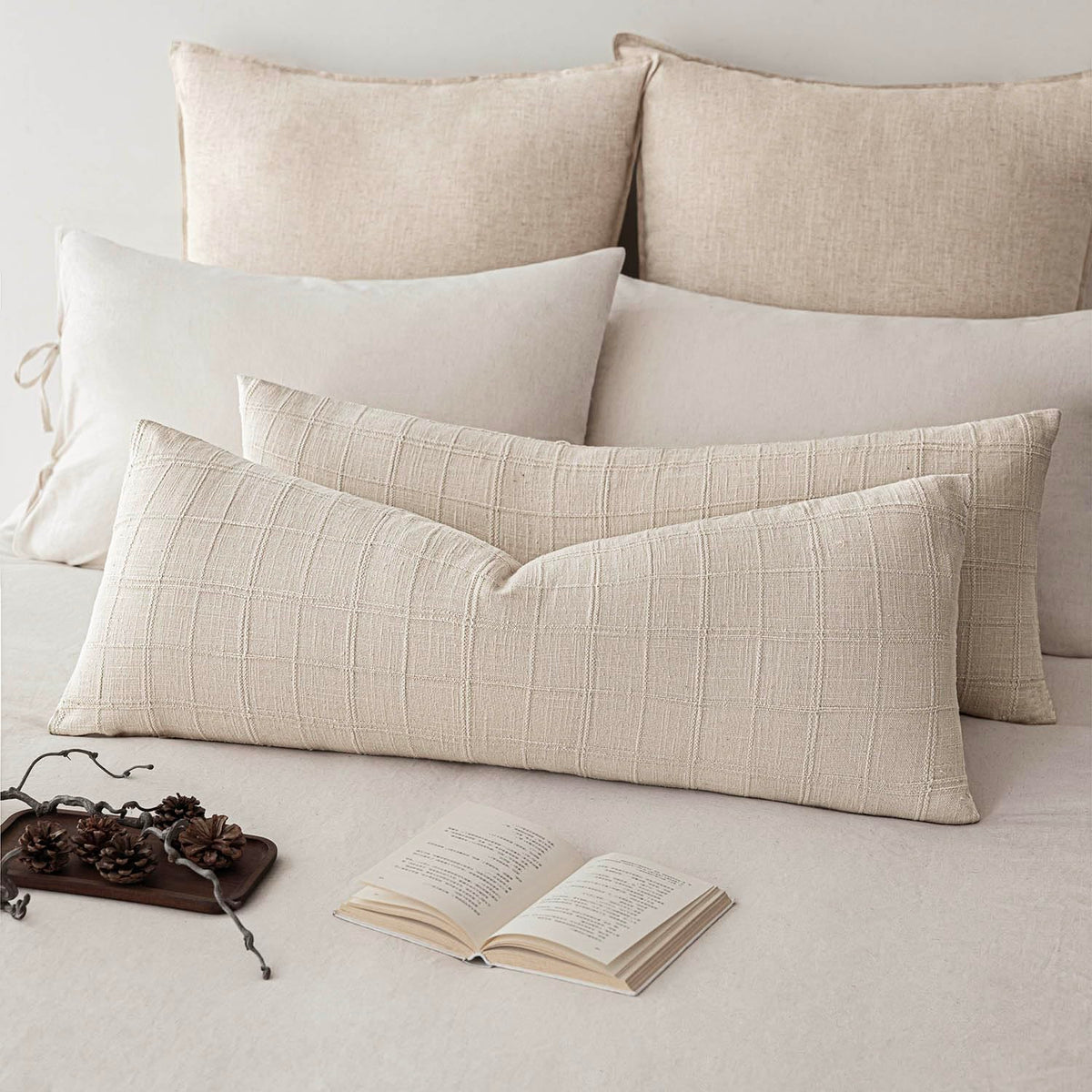Foindtower Linen Check Decorative Throw Pillow Covers 18×18 Natural Beige