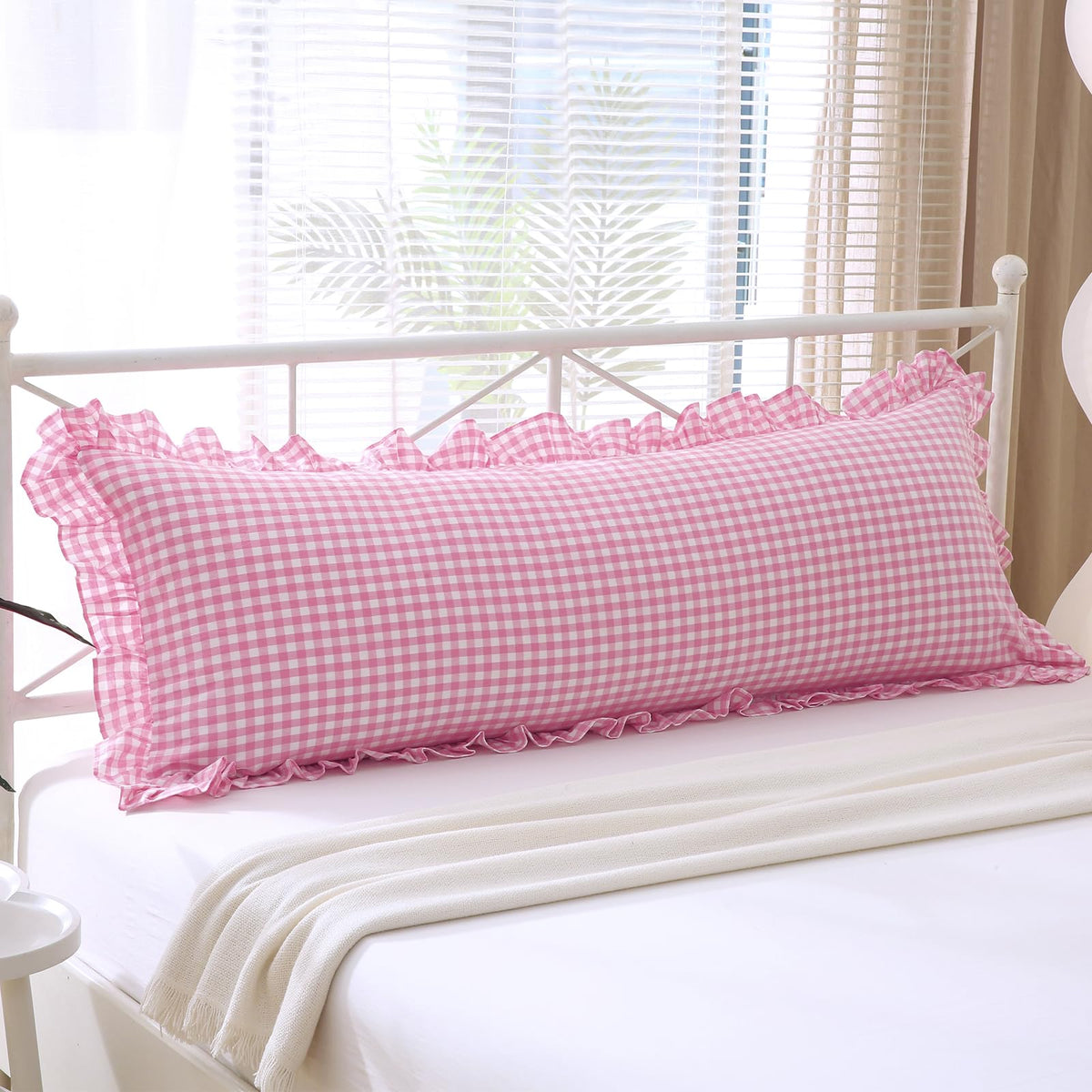 2 Pack Taupe White Gingham Ruffle Throw Pillow Covers 18''x18''