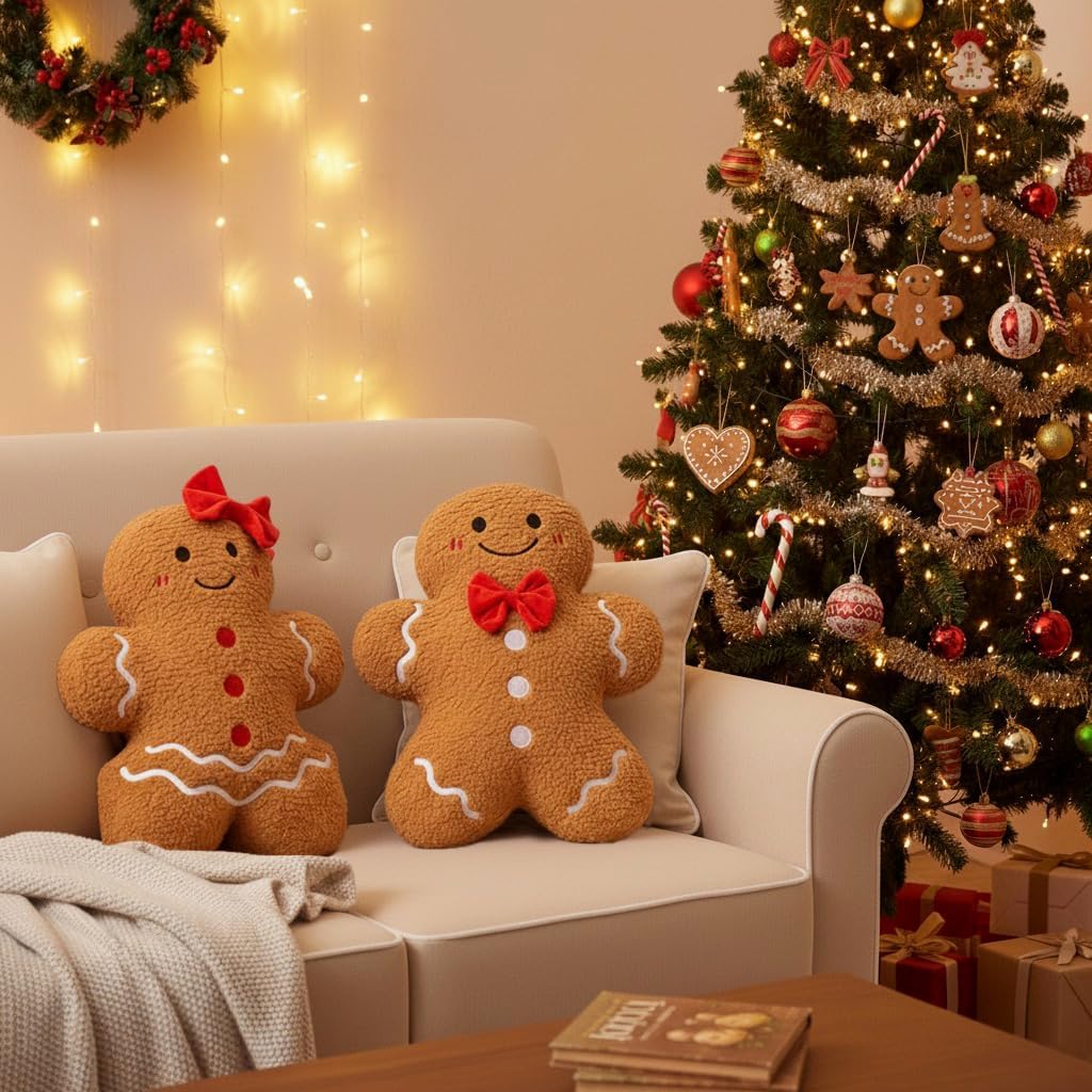 Christmas Decorations Indoor Throw Pillows: Cute Teddy Fleece Gingerbread Man Couple Christmas Pillows, Soft Stuffed Gingerbread Cushions Xmas Decor for Kids Home Sofa Bed Office Couch Living Room
