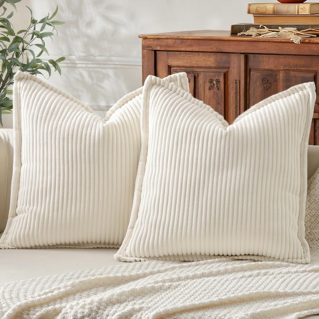 Mecatny Corduroy Fall Throw Pillow Covers 18x18 Set of 2 Cream White