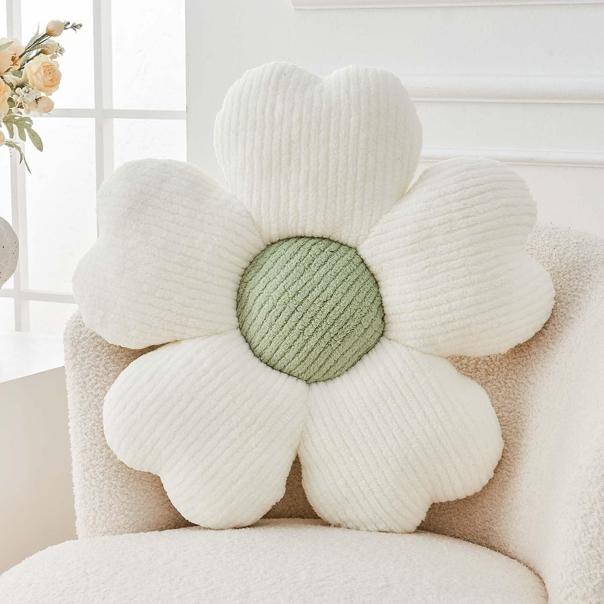Kcvvcr Flower Throw Pillow, Cute Flower Shaped Pillow Decorative Throw Pillow for Bed Couch, Soft Daisy Pillows Floor Seating Cushion Cushions (14.9 Inch Ivory+Brown)