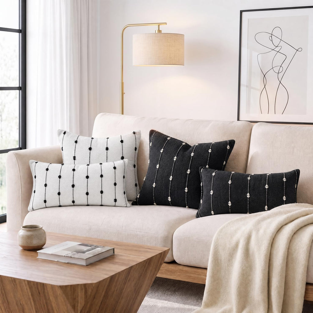 AVOIN colorlife Beige Black Boho Linen Throw Pillow Covers 18x18 Inch 2PC