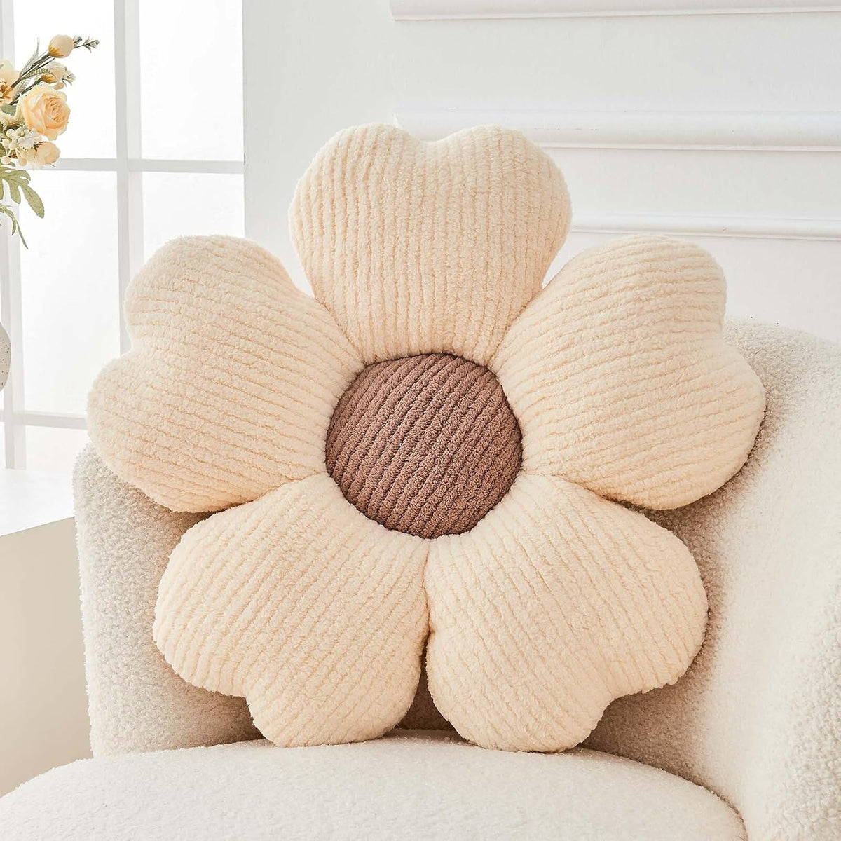 Kcvvcr Flower Throw Pillow, Cute Flower Shaped Pillow Decorative Throw Pillow for Bed Couch, Soft Daisy Pillows Floor Seating Cushion Cushions (14.9 Inch Ivory+Brown)