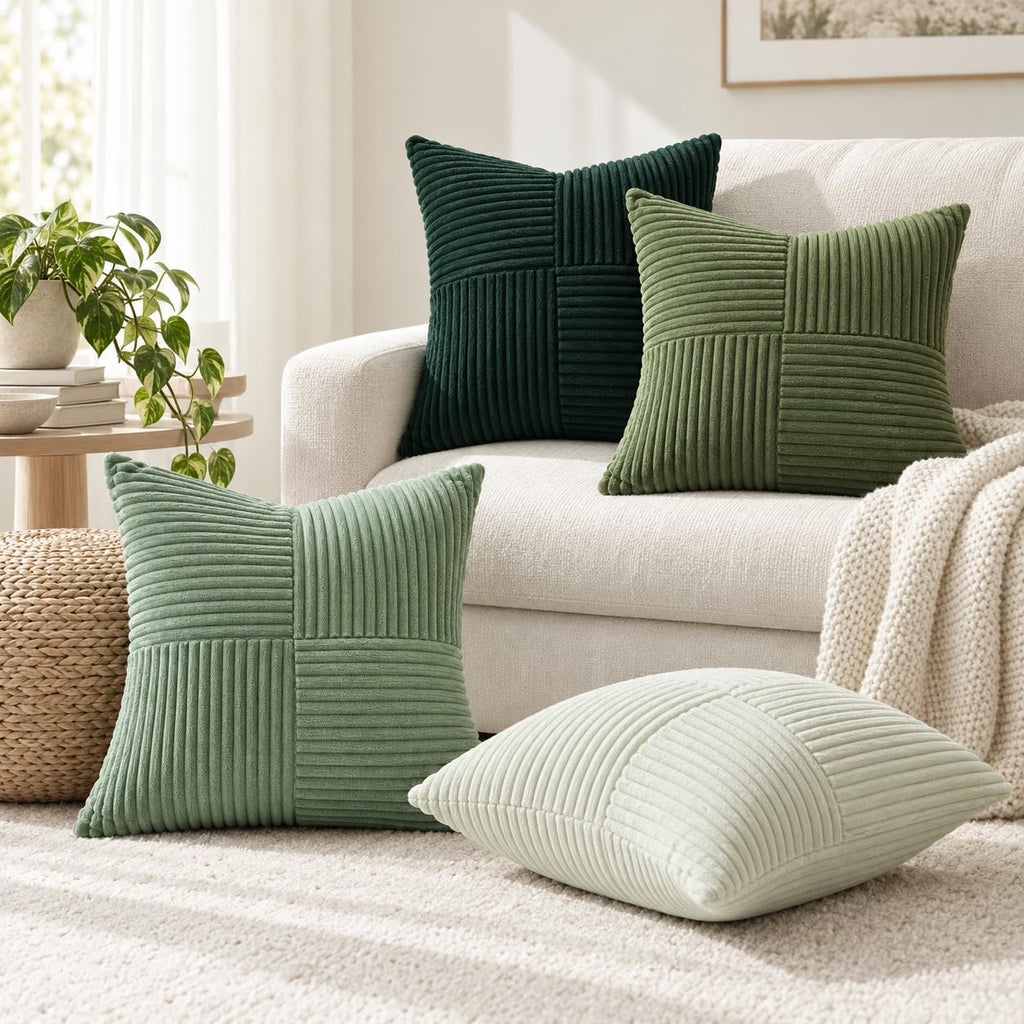 Topfinel SageGreen Throw Pillow Covers 18X18 Inch Set of 4,Boho Farmhouse Cozy Cushion Cover with Corduroy,Soft Accent Forest Green Pillow Covers for Couch,Bed,Living Room Home Decor