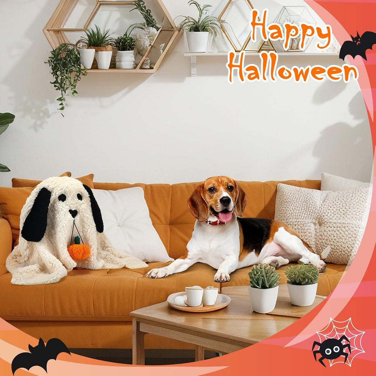 11.8 Inch Halloween Dog Ghost Shaped Throw Pillow with Pumpkin