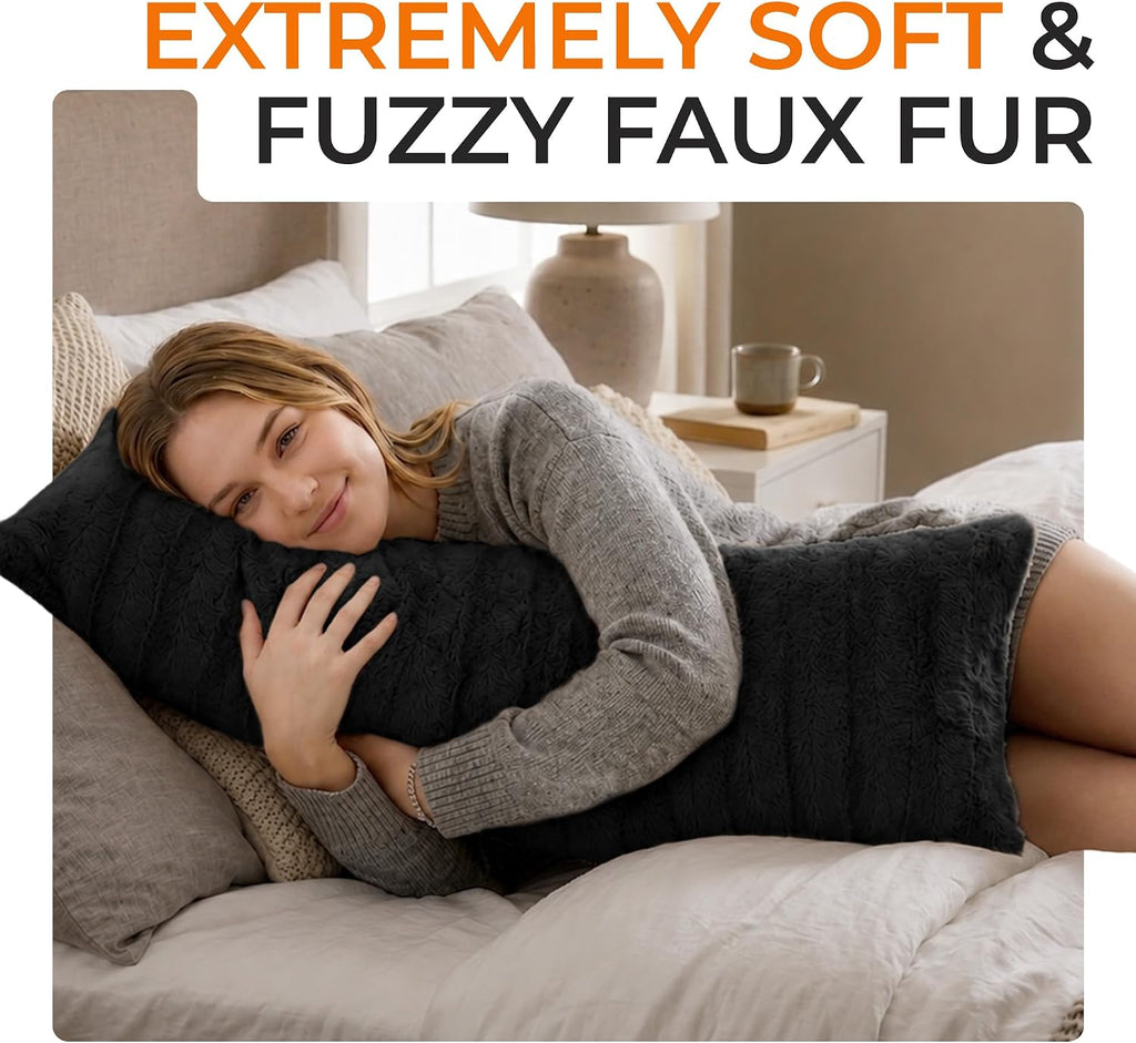Cheer Collection Faux Fur Long Body Pillow - Accent Throw Pillow for Bed and Couch - Decorative Lumbar Pillow with Insert, Black (18" x 40")