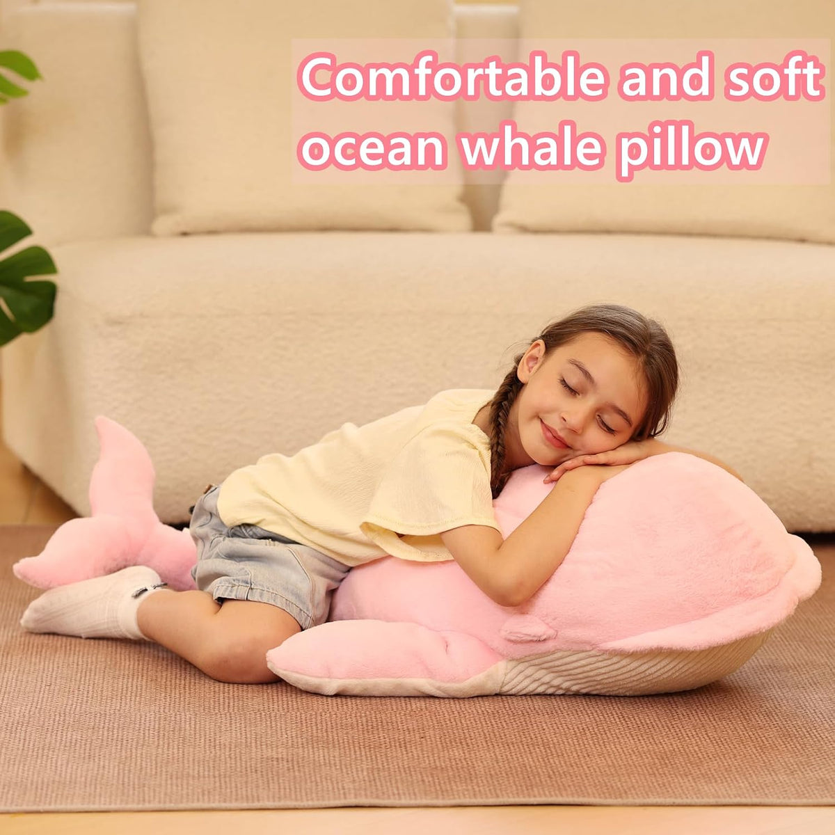 Tezituor 43" Pink Whale Stuffed Animal, Giant Whale Plush Pillow for Girls
