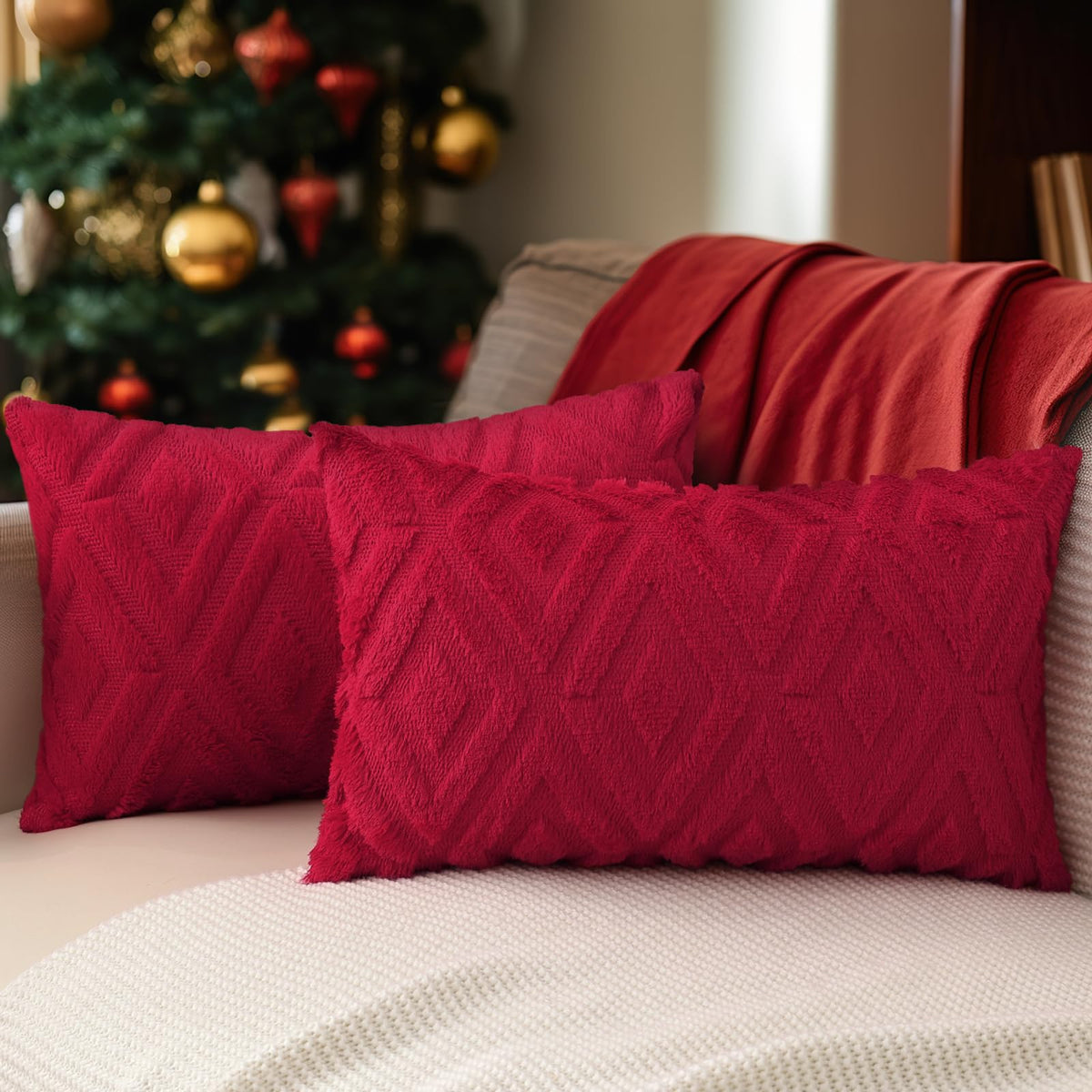 Pallene Fall Cream White Faux Fur Throw Pillow Covers 18x18 Set of 2