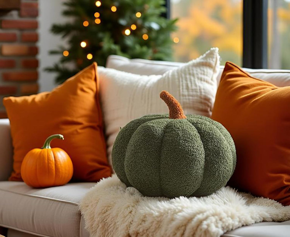Pumpkin Pillows Fall Decor Dark Green Plush Sherpa Pumpkin Decor Pillow for Couch Bed Home Halloween Thanksgiving Party,11.02 inch
