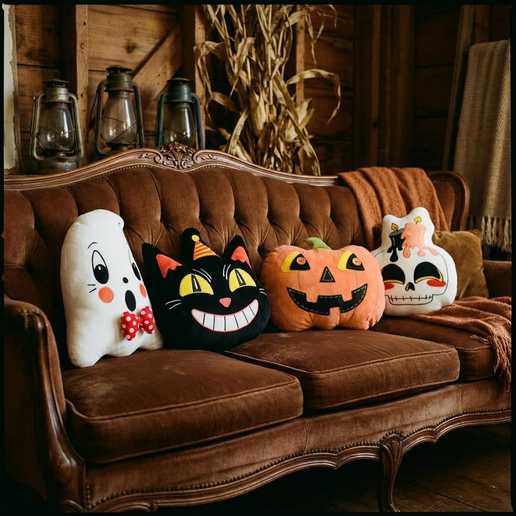 4Pcs Halloween Pillows Skeleton Ghost Black Cat Vintage Retro Traditional 90S Primitive Mummy Throw Pillows Sofa Bedroom Indoor Home Decor
