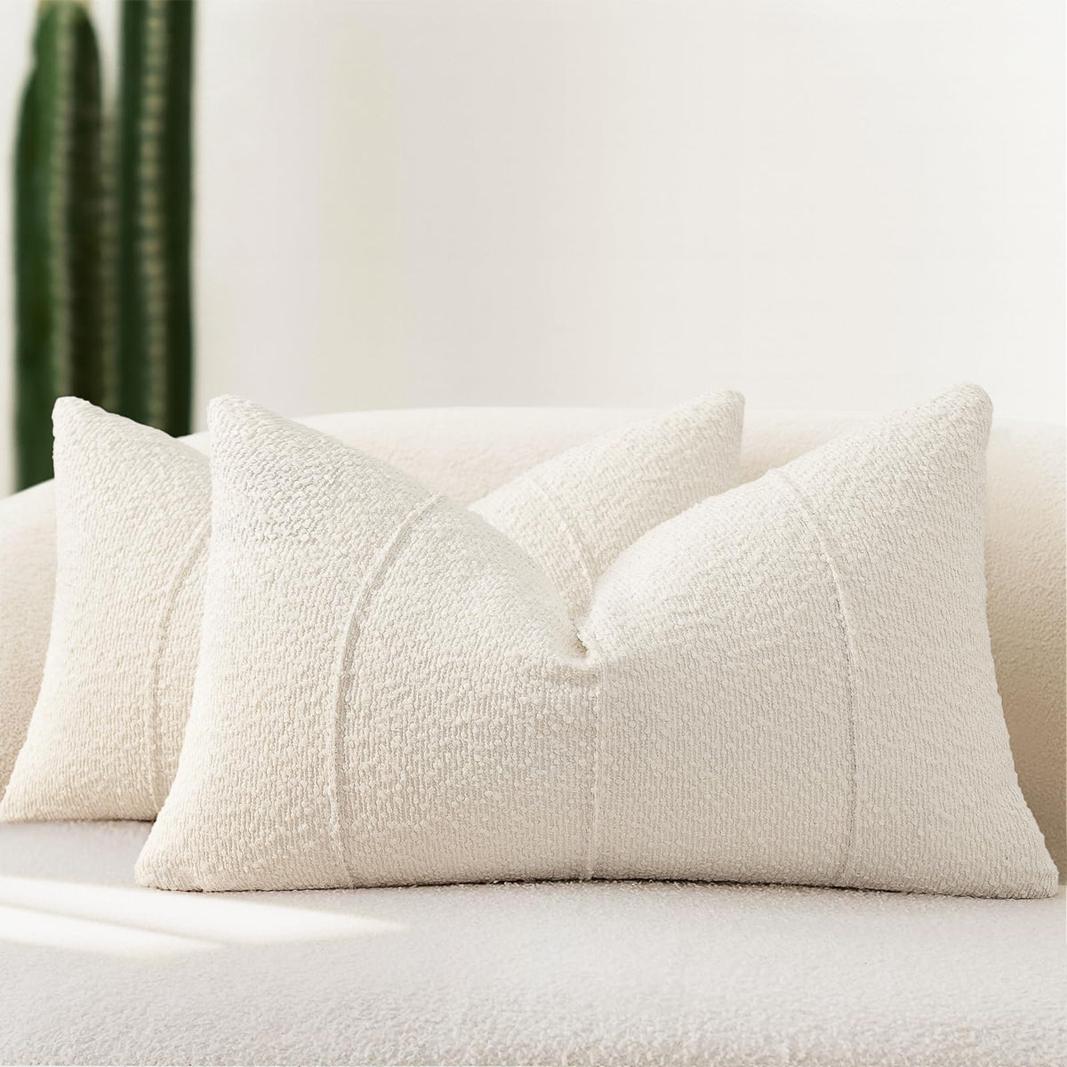 YCOLL Textured Boucle Throw Pillow Covers 20x20 Pack of 2 - Soft Neutral Striped Cushion Covers, Cozy Accent Decorative Pillow Covers for Couch, Sofa, Bed, Living Room (Ivory)