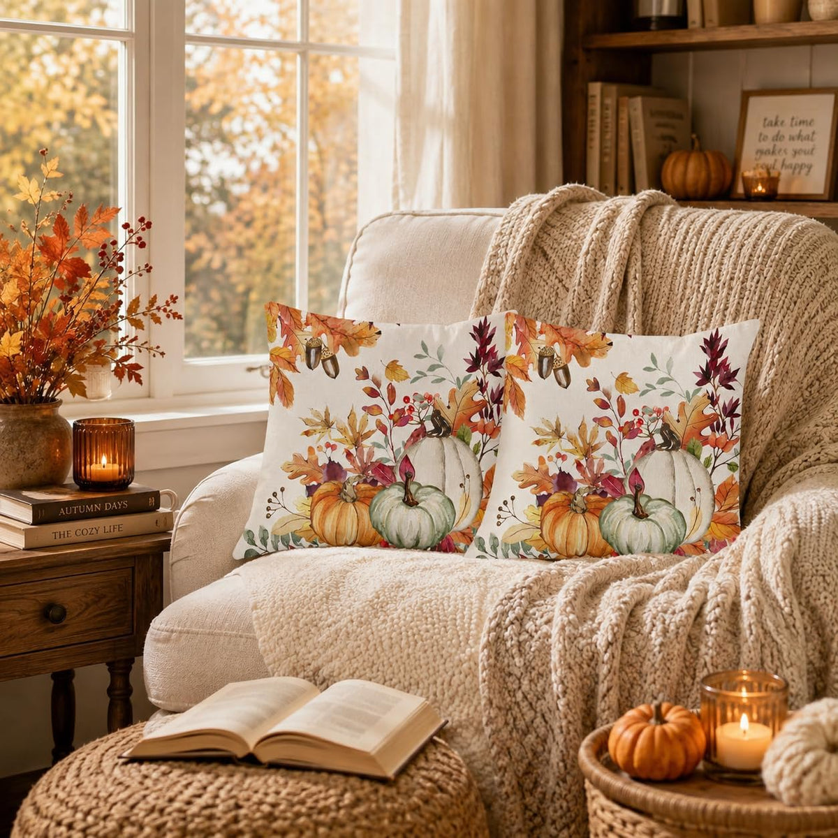 AACORS Fall Pumpkin Throw Pillow Covers 18x18, 2 Pack, Thanksgiving Decor