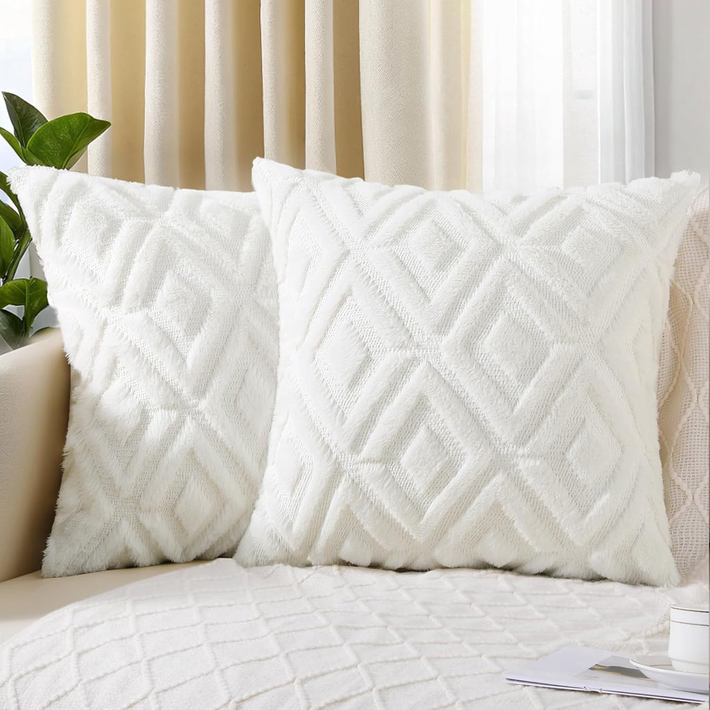 Pallene Fall Cream White Faux Fur Throw Pillow Covers 18x18 Set of 2