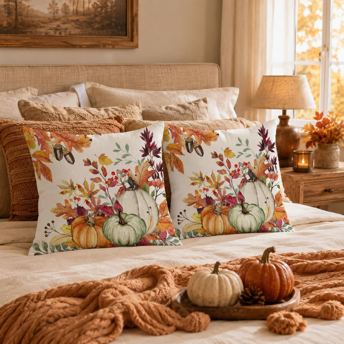 AACORS Fall Pumpkin Throw Pillow Covers 18x18, 2 Pack, Thanksgiving Decor