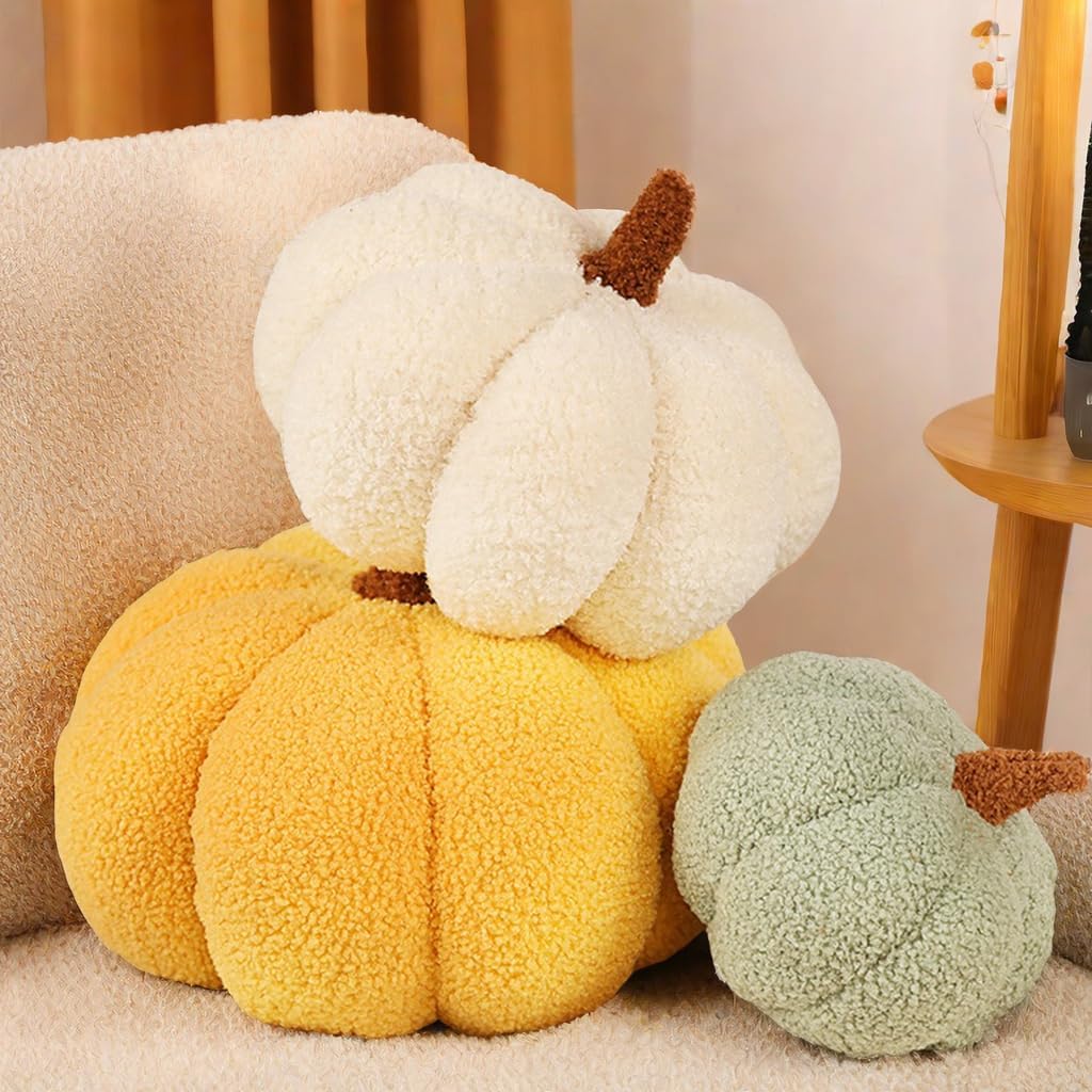 Simulated Pumpkin Pillow, Halloween Pumpkin Throw Pillow Cushion, 3D Pumpkin Shaped Pillow, Fall Decorations Stuffed Pillows for Thanksgiving, Christmas Bedroom Sofa Couch (White, 20CM)