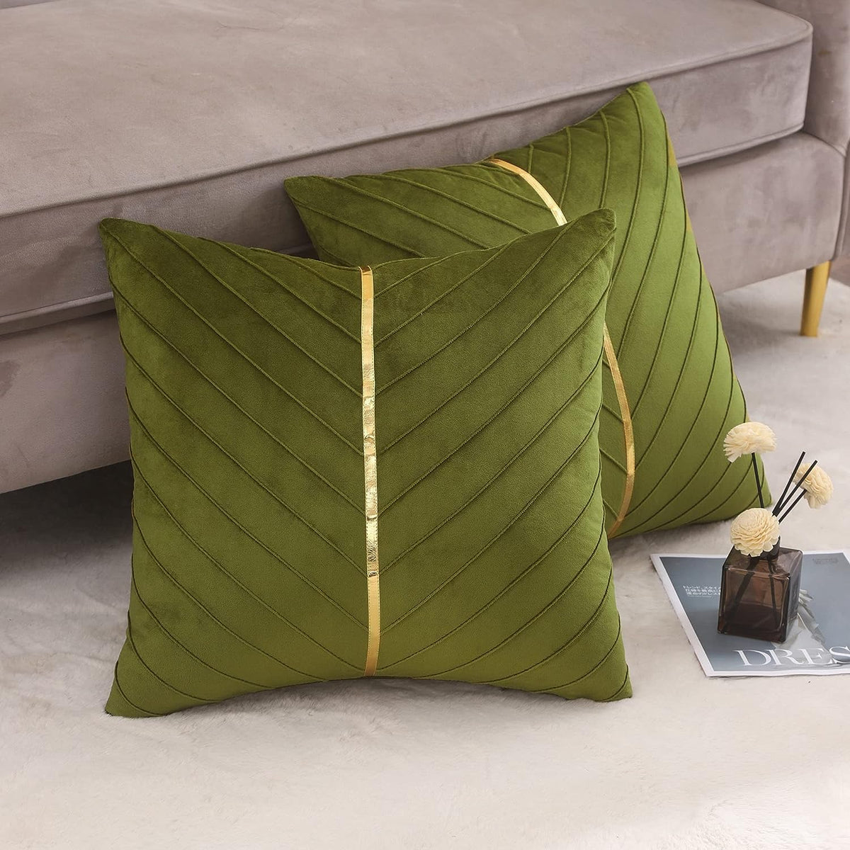 Velvet Throw Pillow Covers 18x18 Pack of 2 Gold Decor Olive Green