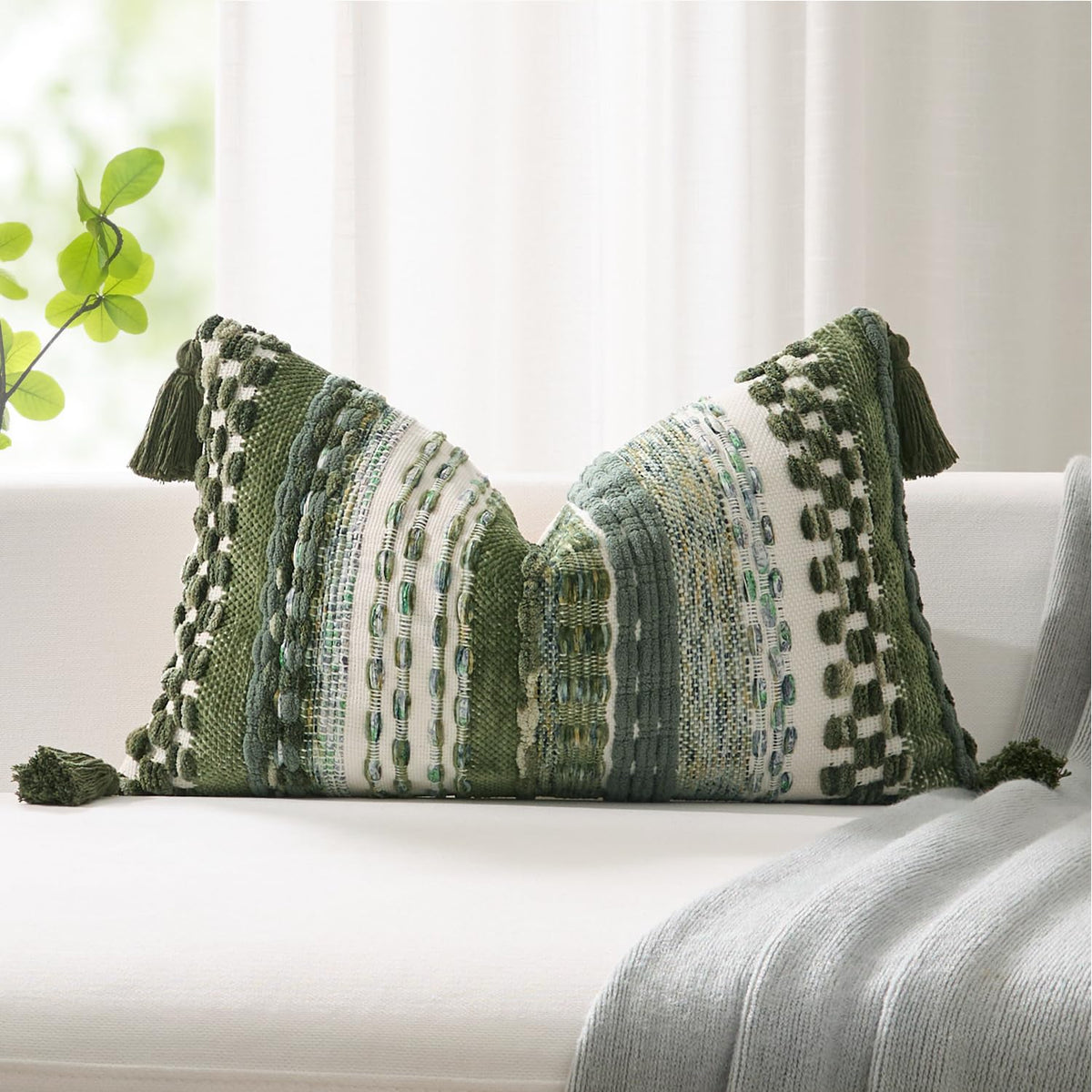 Kevin Textile Boho Tassel 12x20 Inch Lumbar Pillow Cover 1 Pack, Green