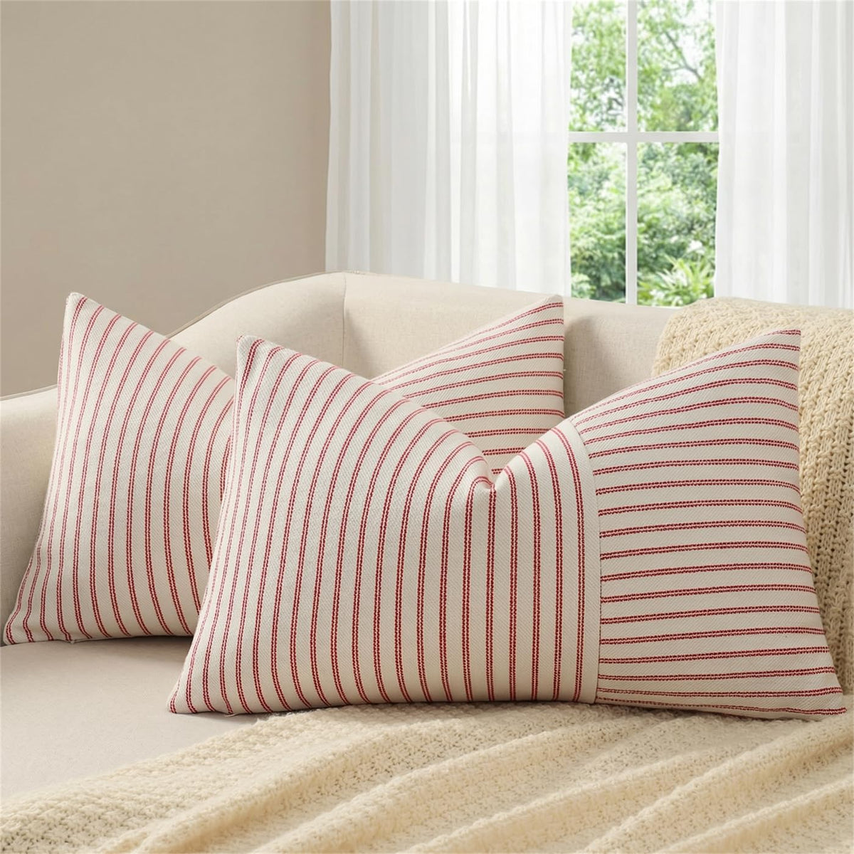 YCOLL Farmhouse Pillow Covers 18x18, Modern Accent Square Throw Pillow Covers Set of 2, Gray and Beige Striped Patchwork Linen Decorative Pillows Cushion Covers for Couch Chair Bedroom Home Decor