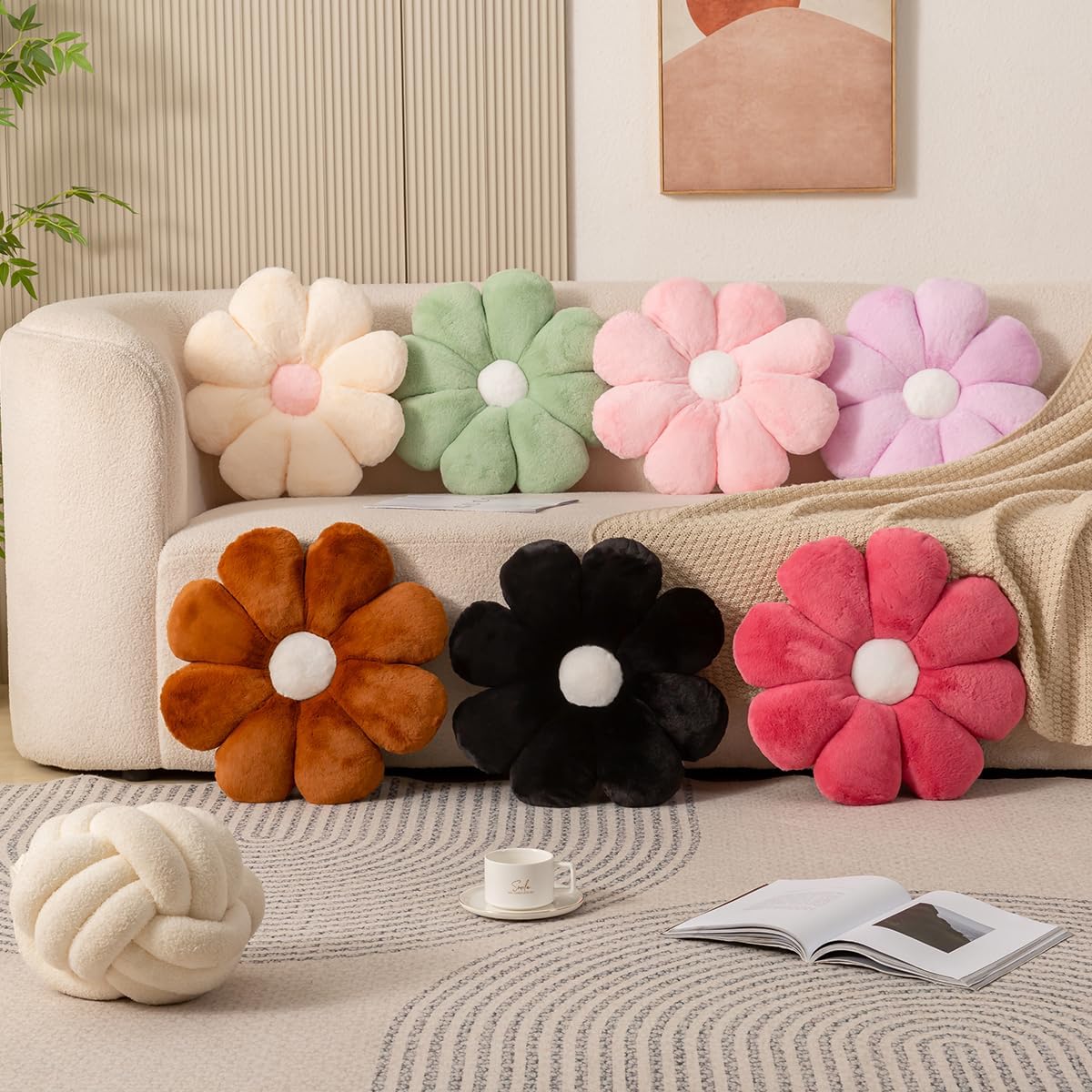 FIONOUT Beige Daisy Flower Pillow, Plush Throw Cushion, 17.7 Inch