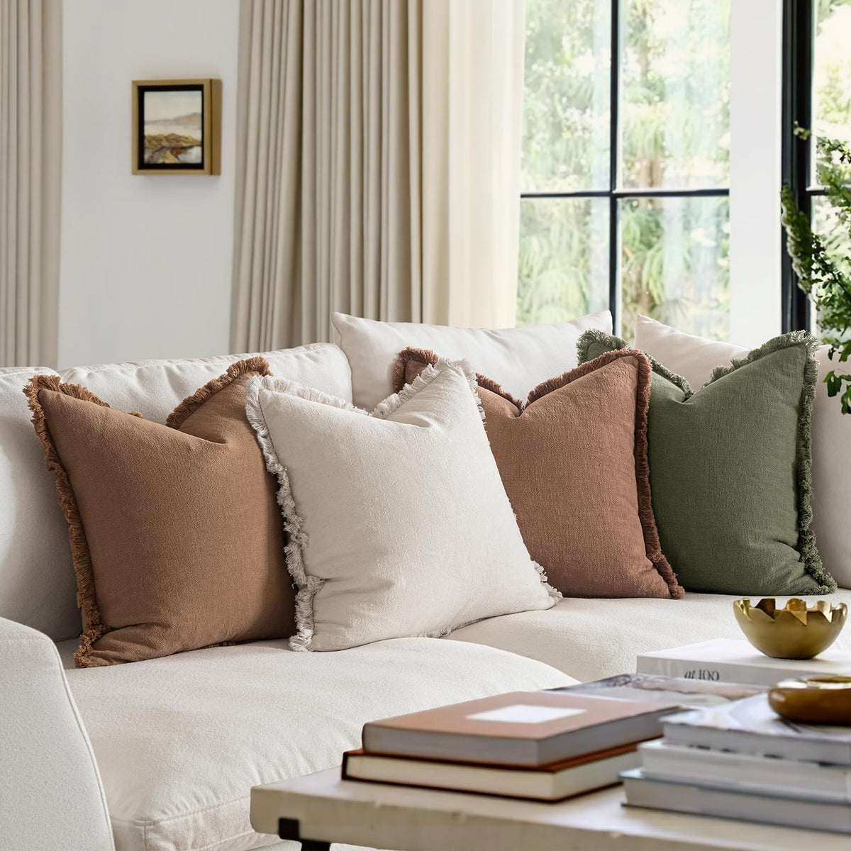 MIULEE Fall Linen Fringe Pillow Covers Set of 4 18x18 Beige/Brown/Green