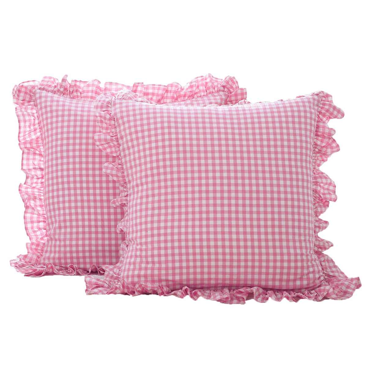 2 Pack Taupe White Gingham Ruffle Throw Pillow Covers 18''x18''