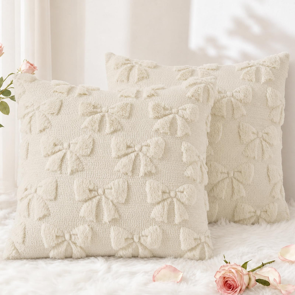 decorUhome Beige Bow Cute Girl Faux Fur Throw Pillow Covers 18x18 Set of 2