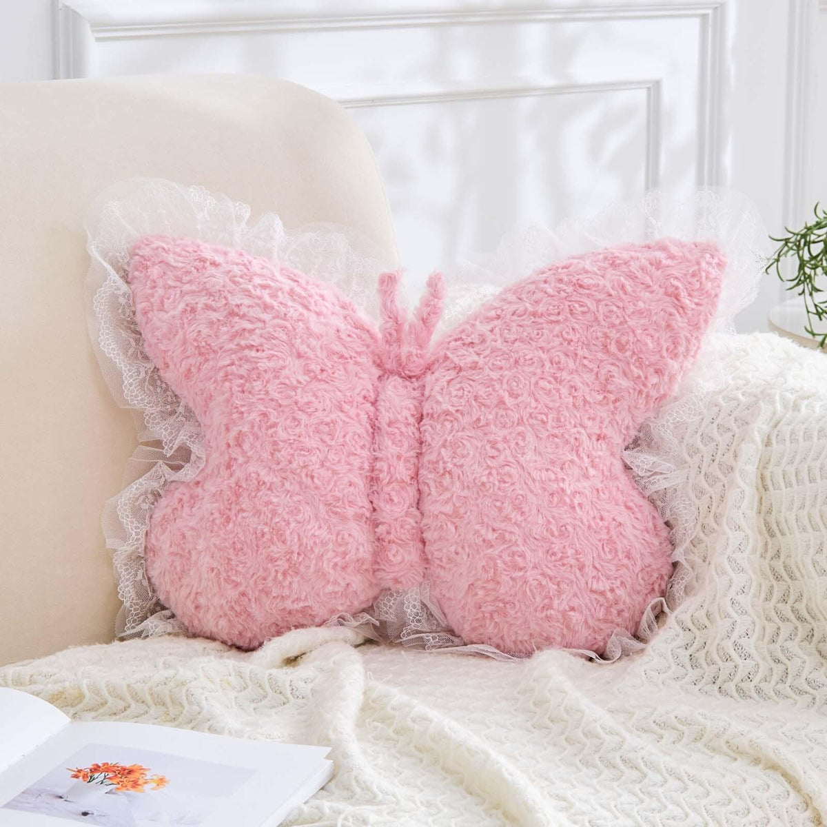 XVTRU Butterfly Pillow Decorative Pillows for Bed 15" Pink Cute Pillow