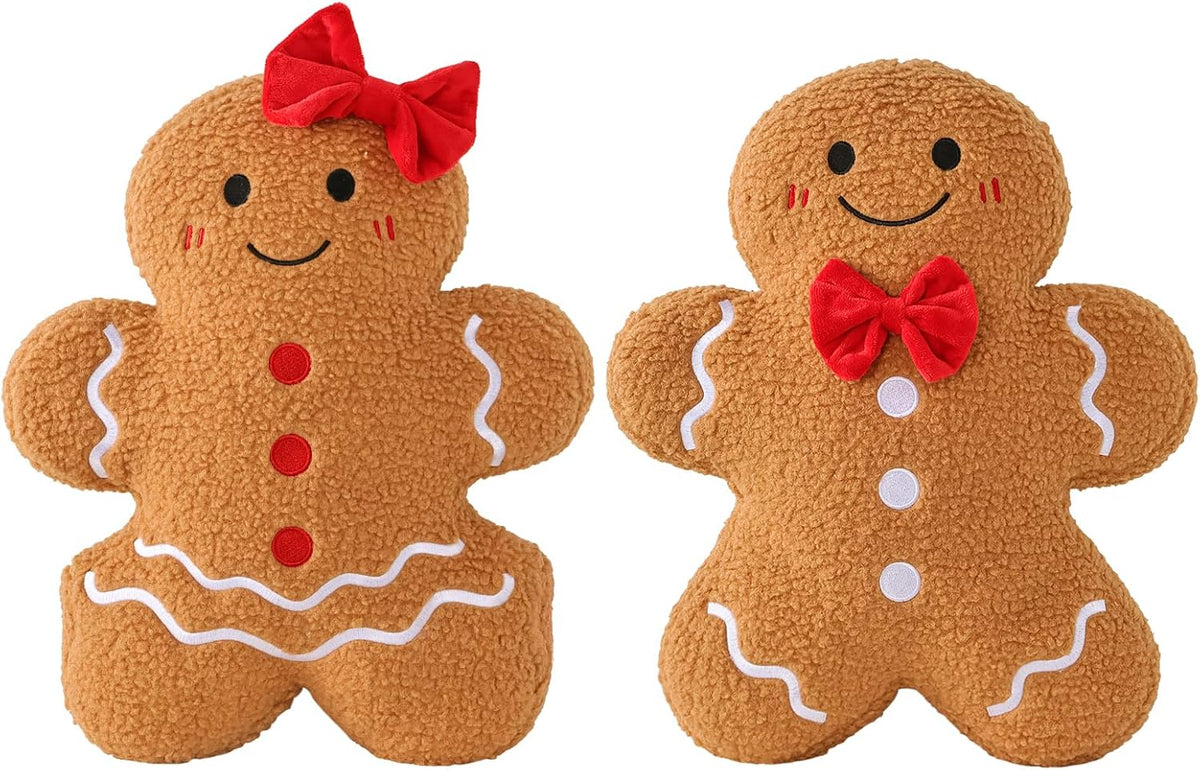 Christmas Decorations Indoor Throw Pillows: Cute Teddy Fleece Gingerbread Man Couple Christmas Pillows, Soft Stuffed Gingerbread Cushions Xmas Decor for Kids Home Sofa Bed Office Couch Living Room