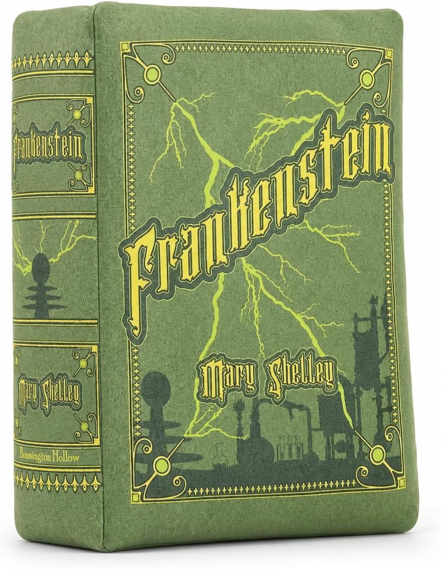 Frankenstein Book Pillow, 9-Inch Openable Memory Foam Throw Pillow, Book-Shaped Plush Cushion with Printed Page, Gothic Halloween Decor for Couch, Bed and Bookshelf, Gift for Horror Fans