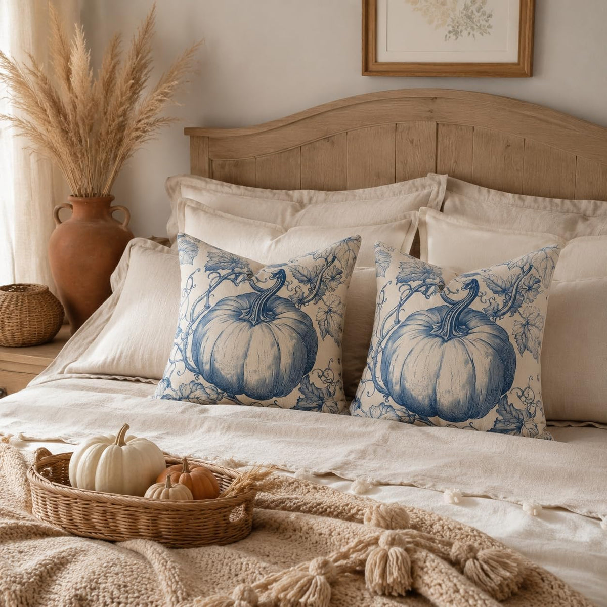GEEORY Fall Pumpkin Throw Pillow Covers Set of 2, Navy Blue Toile 18x18