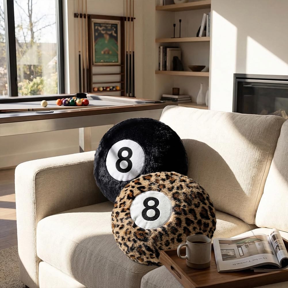 Black 8 Ball Pillow,14 inch 8 Ball Throw Pillow Soft Faux Fur Round Decorative Cushion Hugging Pillow for Home Bed, Sofa, Couch, Bedroom & Living Room