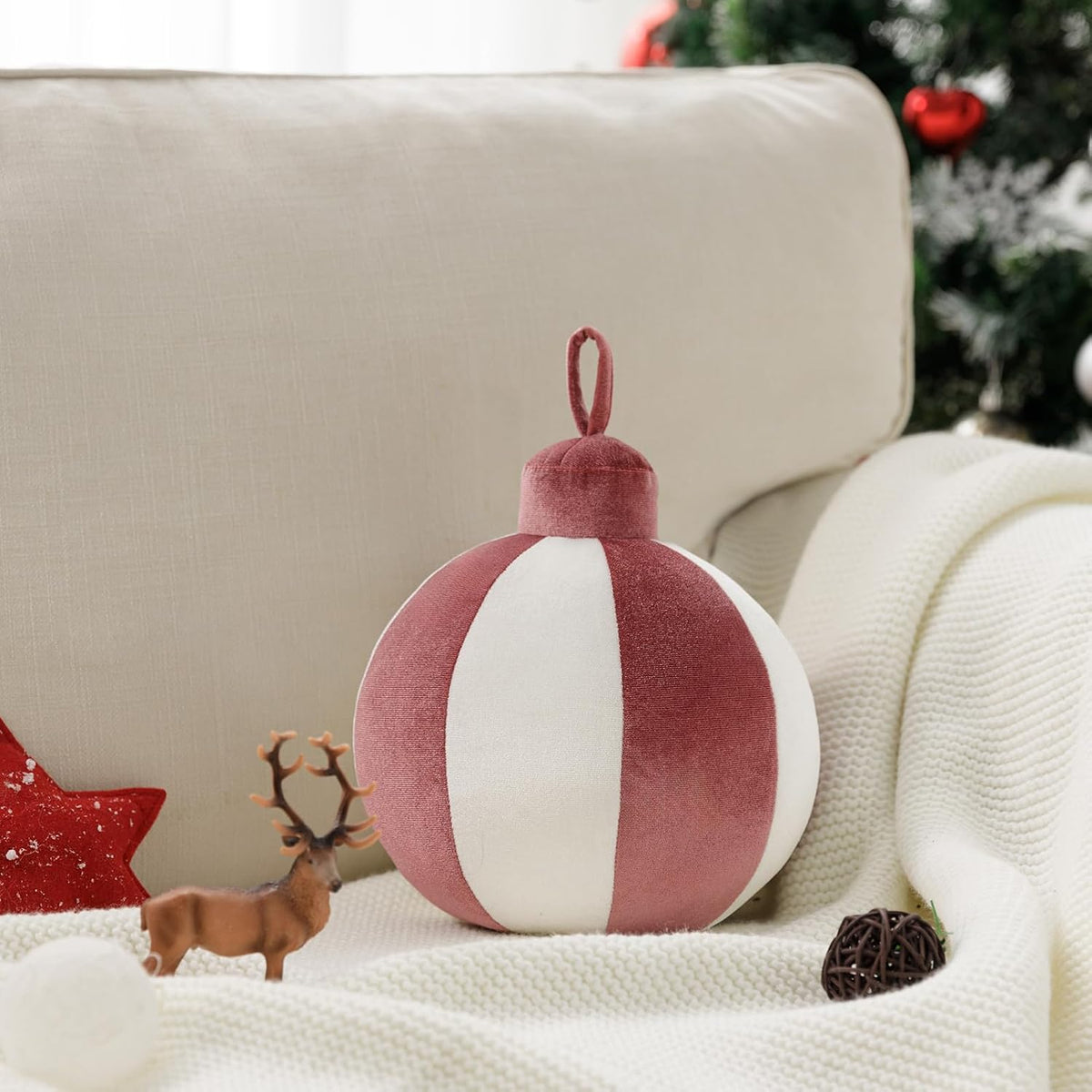 Ashler Merry Christmas Bell-Shaped Pillow, 8.5x8.5 Inch Velvet Hangable Decorative Holiday Pillow for Xmas Tree, Couch, Living Room, Bed, Pink
