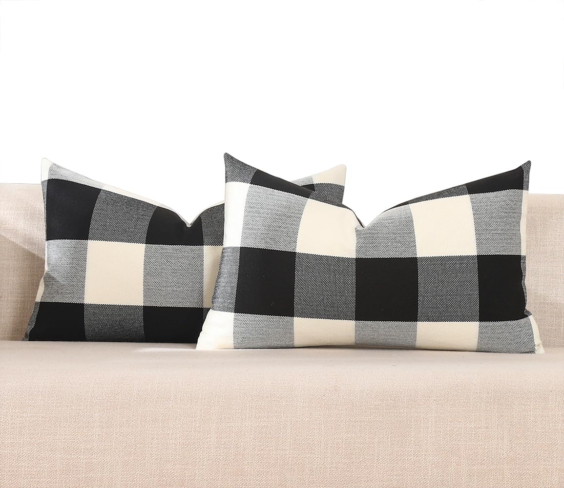 Brown Plaid Farmhouse Checkered Throw Pillow Cover 20x20 for Bed Couch Sofa