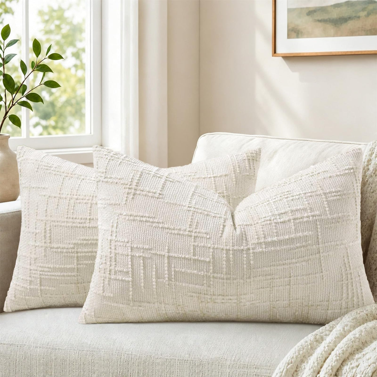 Pallene Cream White Textured Chenille Throw Pillow Covers 18x18 Set of 2