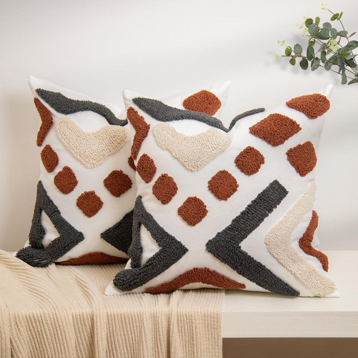 lifein 18x18 Pillow Covers-Throw Pillow Covers Boho Couch Pillows Embroidered Decorative Accent Pillows Mid Century Textured Pillowcases for Couch Sofa Living Room Bed (Olive Green and Cream)