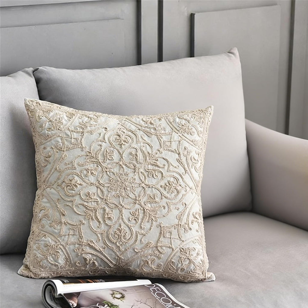 DOKOT Embroidery Throw Pillow Covers Square Cushion Case 100% Cotton with Zipper for Home Decorative 20x20 inches(50x50cm) Beige