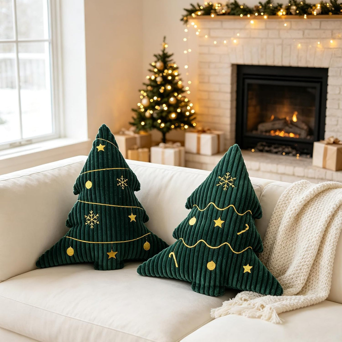 Soft Corduroy Embroidered Christmas Tree Pillows Set of 2 Green 14x16 Inch