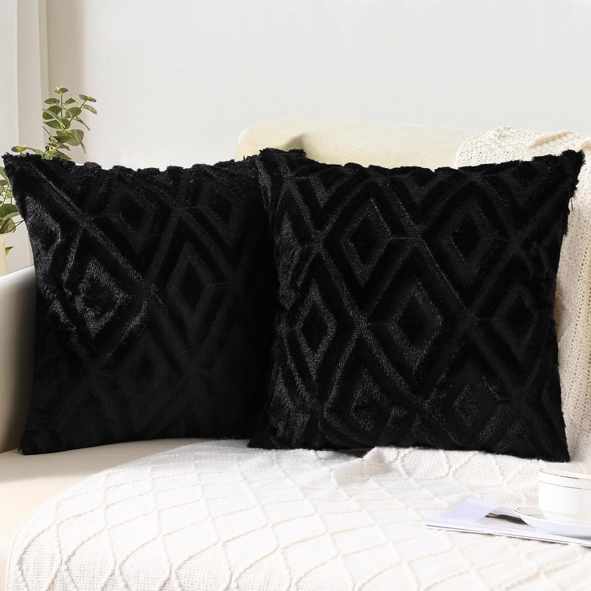 Pallene Fall Cream White Faux Fur Throw Pillow Covers 18x18 Set of 2